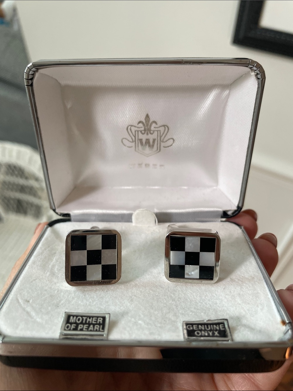 Vintage Weber Genuine Onyx & Mother of Pearl Checkerboard Cufflinks